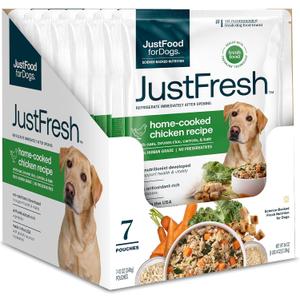 JustFoodForDogs JustFresh Wet Dog Food, Fresh Pet Meals and Toppers with No Preservatives, Resealable Package, Human Grade, Home-Cooked Chicken, 12 oz - 7 Pack (EXP 05/27/28)