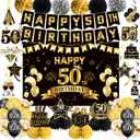 50th Birthday Decorations, Pre-Strung Happy Birthday Banner with Balloons, Backdrop, Honeycomb Centerpieces, Hanging Swirl Streamers, Black Gold Happy Birthday Party Decorations for Men Women