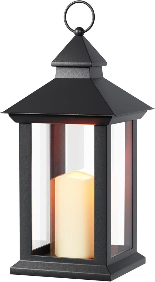 Lanterns Decorative Indoor & Outdoor- Black Candle Lantern, 13.3in Waterproof LED Lantern for Patio & Porch, Battery-Powered Hanging Vintage Lanterns with Timer for Weddings, Transparent