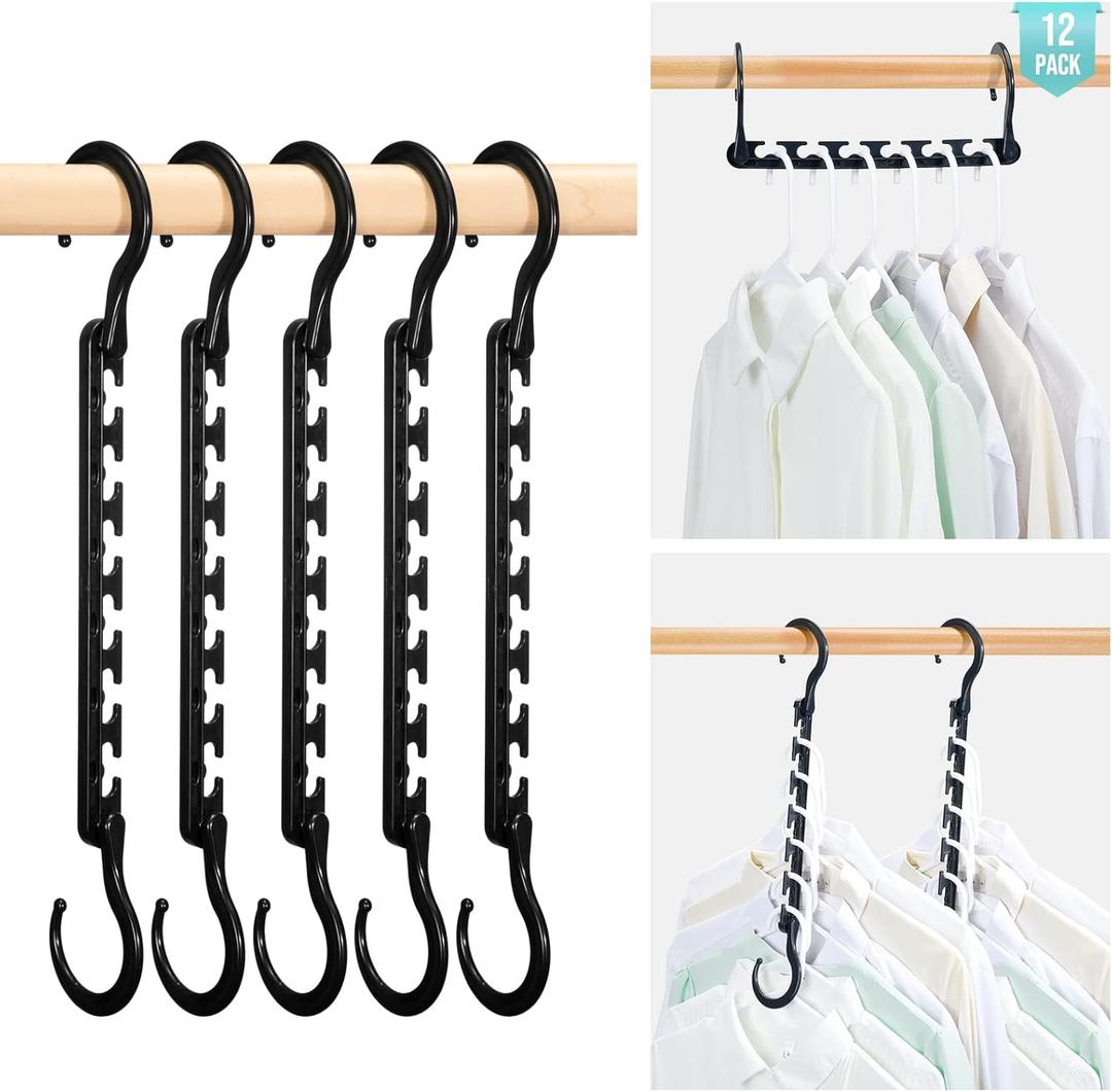 HOUSE DAY Sturdy Plastic Space Saving Hangers 12 Pack, Cascading Organizer Closet Space Saver 80% and Wrinkle Free Clothes, Multi Collapsible for Heavy Clothes, Shirts, Pants (Black)