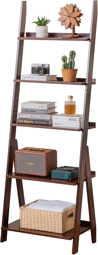 Maydear Bamboo Ladder Shelf Bookcase, 5-Tier Leaning Bookshelf Free Standing Organizer Storage Shelves for Living Room, Bedroom, Kitchen, Home Office, Balcony, Walnut