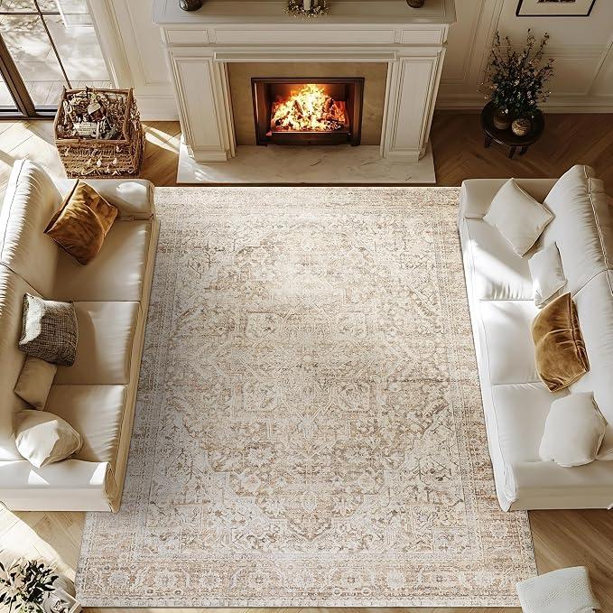 Large Area Rugs 8x10 Neutral Washable Beige Tan Rug for Bedroom
Light Brown and Cream Geometric Patterned, Vintage Farmhouse Style, Low Pile Soft, Non Slip Rubber Backing, for Living Room