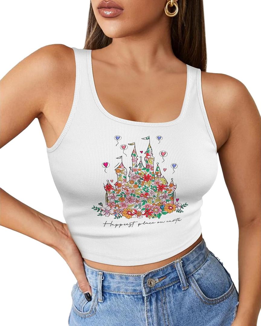 Flafens Crop Tops for Women Summer Tank Tops - Cute Ribbed U Neck Graphic Sleeveless T Shirts Yoga Gym Short Tanktops (White, S)