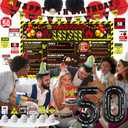 Gameza 50th Birthday Decorations for Men Women, 33PCS Caution Logos Themed 50th Birthday Party Decorations with Banner Balloons Cake Cupcake Toppers Paper Poms Backdrop Stickers, 50 Years Old Decor