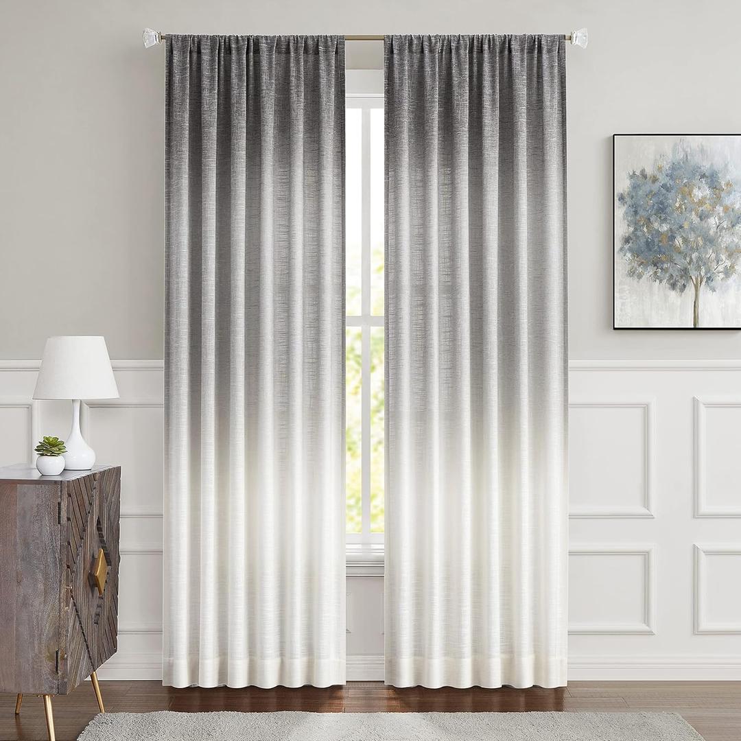 Central Park Ombre Window Curtain Panel Linen Gradient Print on Rayon Blend Fabric Backtab Rod Pocket Drapery Treatments for Living Room/Bedroom, Cream White to Gray, 50" x 108", Set of 2 (Grey)