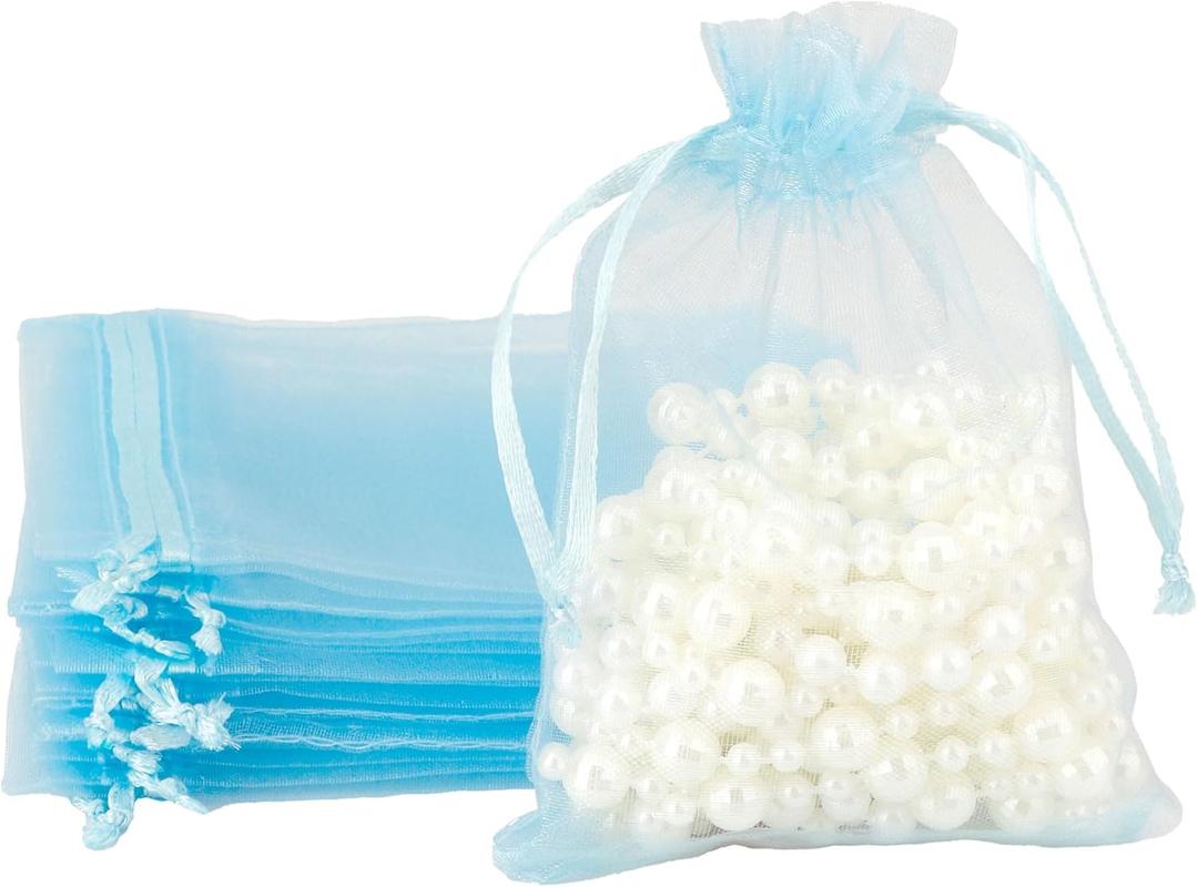Organza Bags 3.5x4.7 Inch 50Pcs Sheer Small Mesh Drawstring Gift Bags for Sachet Party Favor Wedding Easter Baby Shower Birthday Mother's Day Graduation Jewelry Pouches Candy Soap Makeup, Blue