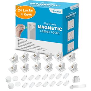 Vmaisi Adhesive Magnetic Locks for Cabinets & Drawers (24 Pack and 4 Keys + Cradle) (Standard)