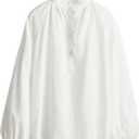 Womens White Ruffle Trim Muslin Blouse Long Raglan Balloon Sleeves Casual Button Tops (Medium)