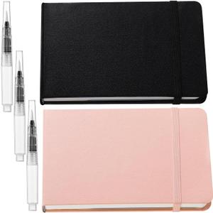 Teling 2 Pcs Watercolor Sketchbook with 3 Brush Pens, 140lb/300gsm Paper, Small Portable Travel Watercolor Journal, Pocket Notebook with Folding Pockets, Tear Away Pages with Dotted Line(7.6" X 5.3")
