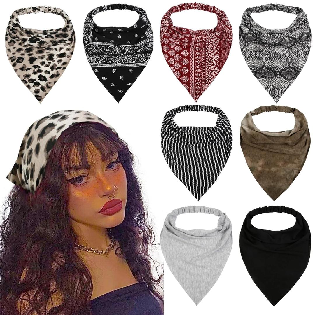 WOVOWOVO 8 Pcs Hair Scarf Headband for Women Girls Non Slip Elastic Boho Triangle Head Scarf Bandana