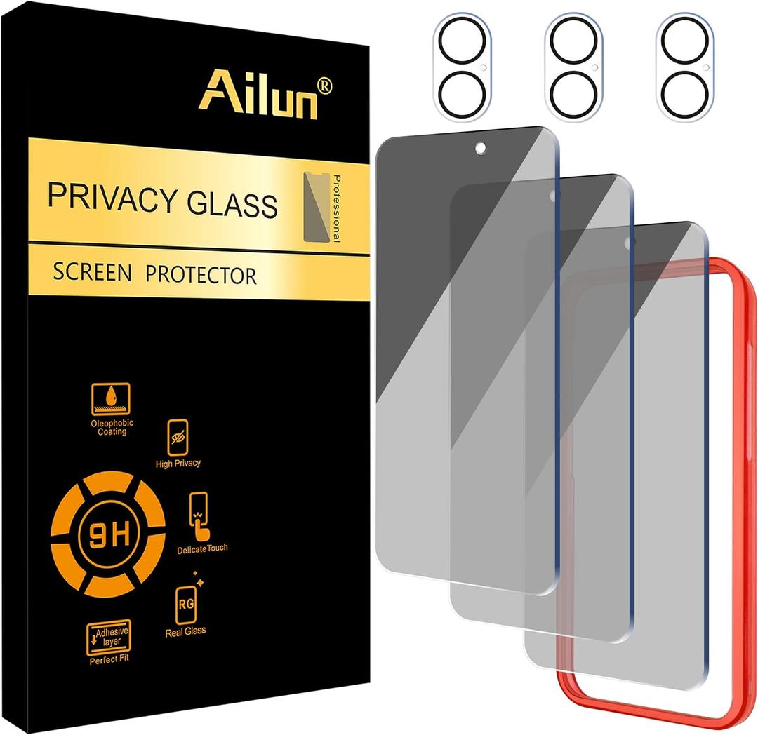 Ailun 3 Pack Privacy Screen Protector for iPhone 16 [6.1 inch] + 3 Pack Camera Lens Protector, Anti Spy Private Tempered Glass Film, Case Friendly, [9H Hardness][Not for iPhone 16e/16Pro/Plus/ProMax]