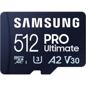 SAMSUNG PRO Ultimate microSD Memory Card + Adapter, 512GB microSDXC, Up to 200 MB/s, 4K UHD, UHS-I, Class 10, U3,V30, A2 for Action Cam, Drone, Gaming, Phones, Tablets, MB-MY512SA/CA[Canada Version]