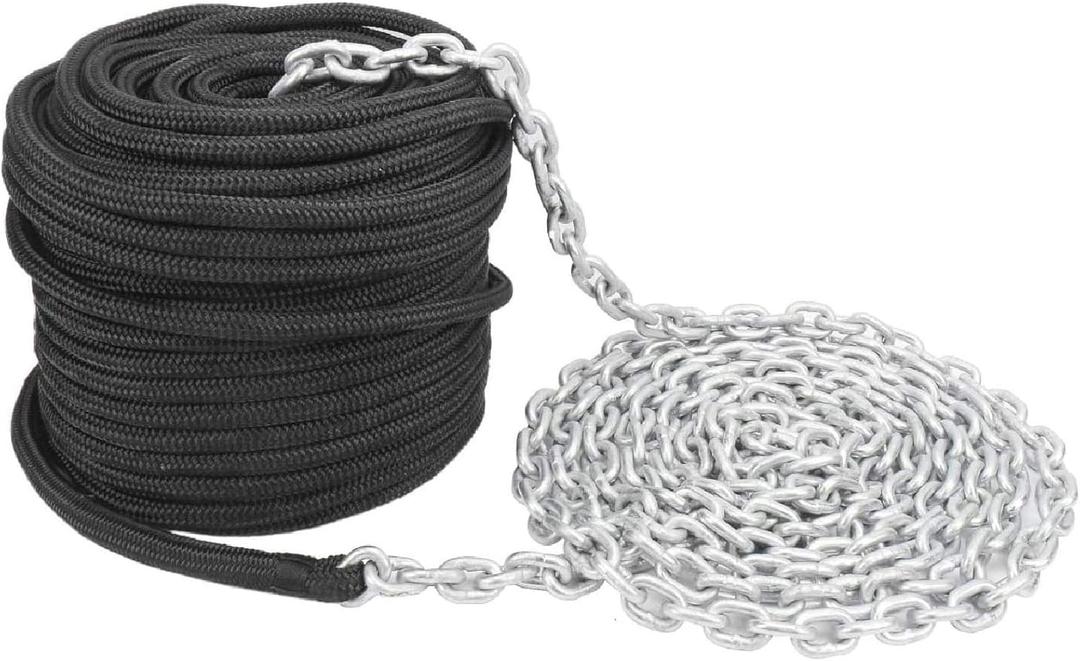 NovelBee 1/2 inch Double Braid Nylon Rope with 1/4 Inch x 15 Feet Galvanized Chain for Boat Anchor Rope and Dock Line (Black, Length:150')