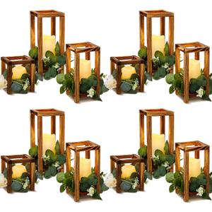 24 Pcs Wooden Candle Lantern Include 12 Wedding Lantern Centerpiece 12 Flameless Decorative Candles Holders Wedding Centerpieces for Tables Party Decor(Brown)
