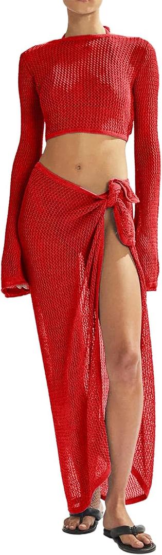 Women's Swimsuits Cover Ups Set for Crochet Bathing Suit Hollow Out 2 Piece Bikini Coverup Beach Swimwear (X-Large, Red-1)