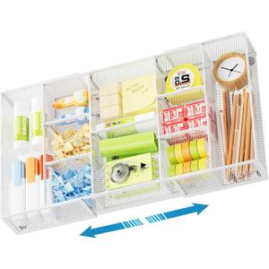 Marbrasse Expandable Desk Drawer Organizer, Mesh Drawer Organizer Tray with 10 Adjustable Compartments, Desk Organizers and Accessories for Office Supplies (Longer Expandable Drawer Organizer-W)