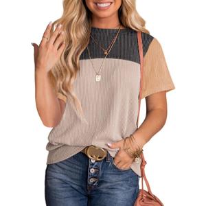 BLENCOT Women Tops Color Block Crewneck Casual Oversized Tshirts Knit Summer Tees Blouse S-2XL (Medium, Black Khaki)