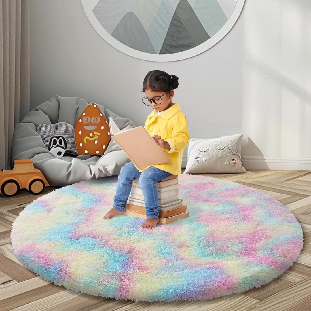 Super Soft Circle Rugs for Girls Princess Castle Toddlers Play Tent 6 Diameter Circular Area Rugs for Kids Bedroom Baby Room Decor Round Shag Playhouse Carpets(6, Rainbow)