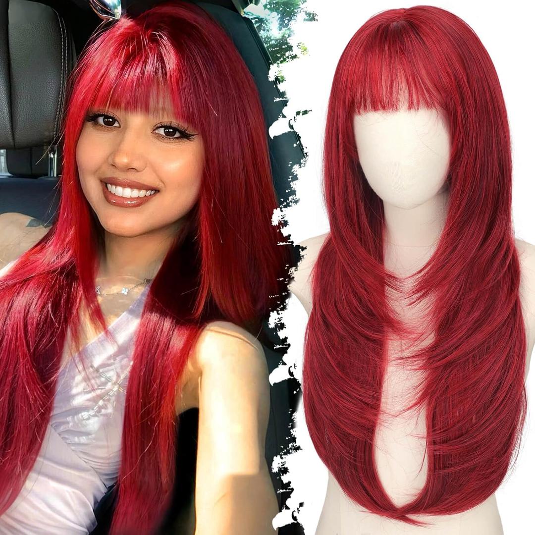 Eawwii Red Wig with Bangs, 26 Inch Synthetic, 4x4 Realistic Scalp | Free Parting, Layered Hairstyle, Heat-Safe Fiber, Natural Scalp Look, Comfortable for Daily Wear