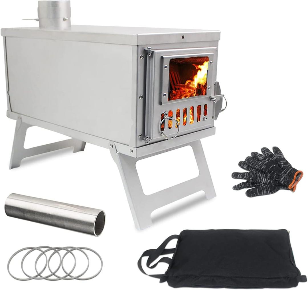 Camping Stove, Folding Furnace BBQ Stainless Steel Portable Wood Stove for Tents Shelter Heating Outdoor Cooking