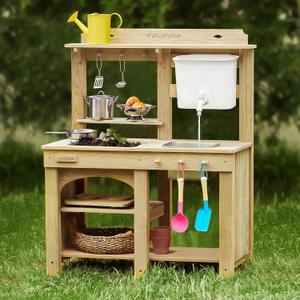 Tiny Land Outdoor Mud Kitchen for Kids, Wooden Play Kitchen with Water Tank, Water & Cooking Play, Sensory Fun, Weather-Resistant with Storage, Ideal for Toddlers Ages 3+, 30.12 x 17.99 x 37.8 inches