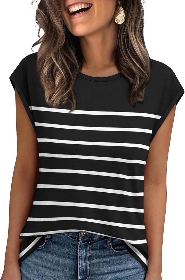 XIEERDUO Womens Tops Dressy Casual Summer Striped Shirts Cap Sleeve Tops Color Block Loose Fit (Black, S)