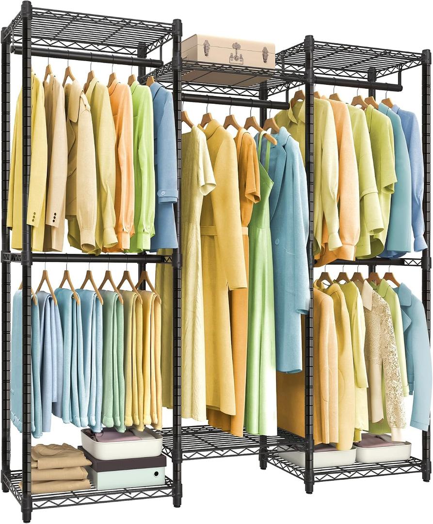 SONGMICS Heavy-Duty Clothes Rack, Garment Rack, Portable Closet, 56.9-Inch Wide Clothing Rack, with Adjustable Mesh Shelves and Hanging Rails, Ink Black ULGR432B01