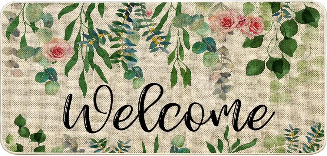 ORTIGIA Welcome Outdoor Doormat Indoor Patio Spring Eucalyptus Leaves Door Mats Non-Slip Durable Entrance Mat for Home Entrance, Outside Entry, Yard, Floor, Patio 17x36INCH