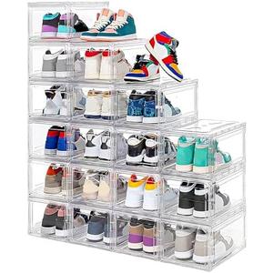 12 Pack Acrylic Clear Shoe Boxes– Ultra Clear Plastic Stackable Sneaker Storage For Sneakerhead. Professional Grade Shoe Display Case with Magnetic Door .Boots and Hat Organizer. Fits US Size 15