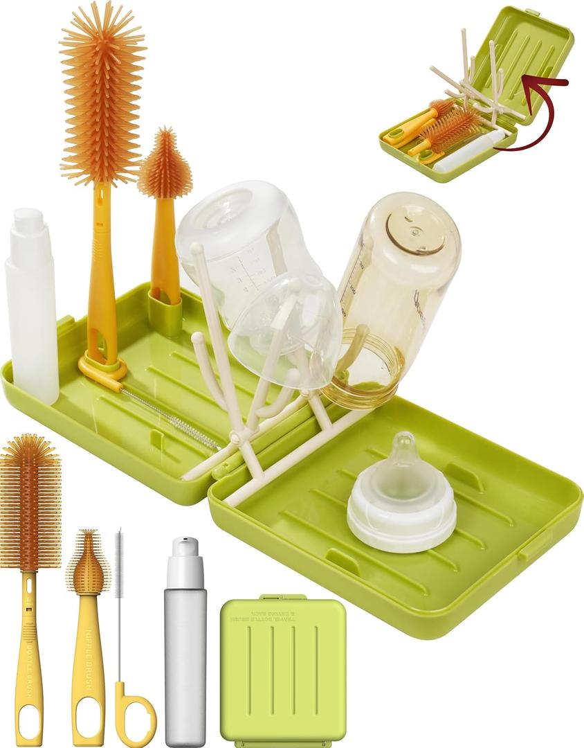 Travel Bottle Cleaner kit, 6 In 1 Baby Toddler Travel Essential Silicone Bottle Brush Set, Baby Bottle Soap Dispense, Drying Rack, Nipple, Straw Breast Pump Cleaning, Storage Case, Gift for Moms (Green)
