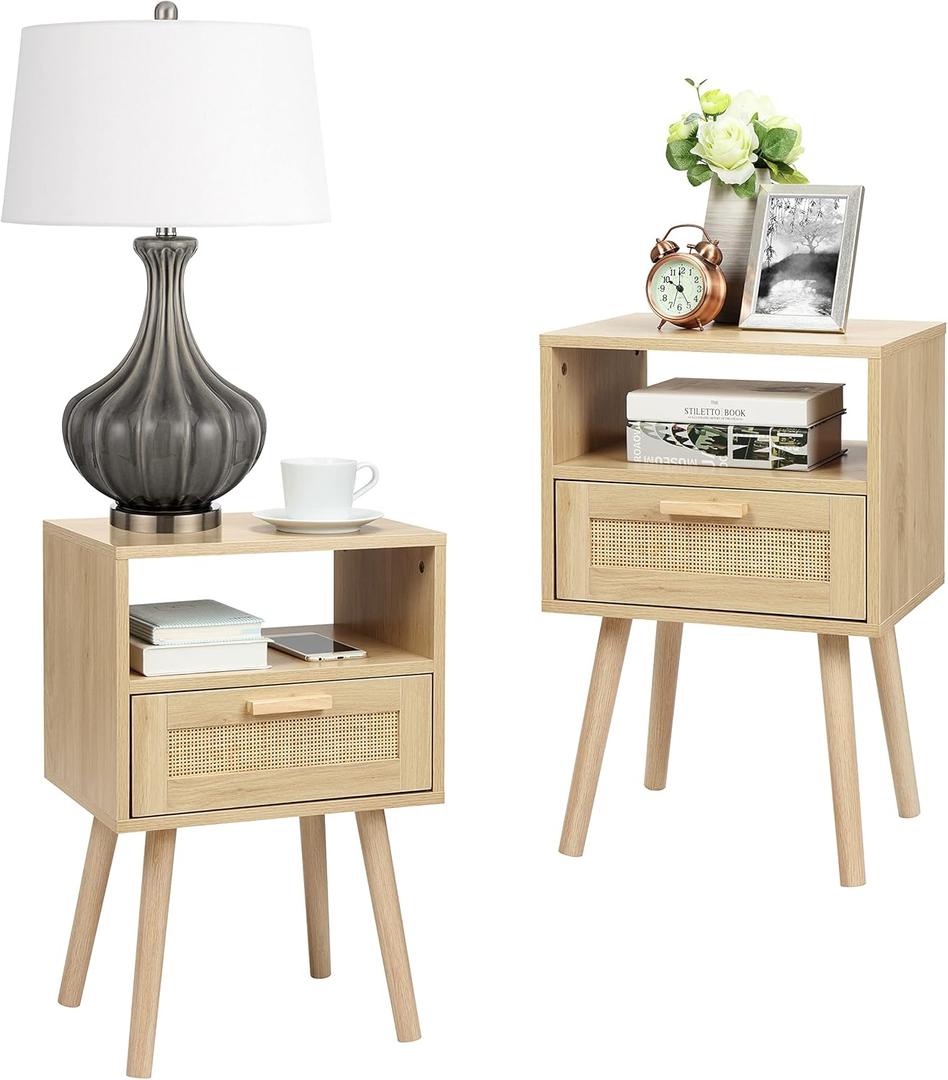 Finnhomy Nightstands Set of 2, End Table, Nightstand, Side Table with Hand Made Rattan Decorated Drawers, Wood Accent Table with Storage for Bedroom, Natural