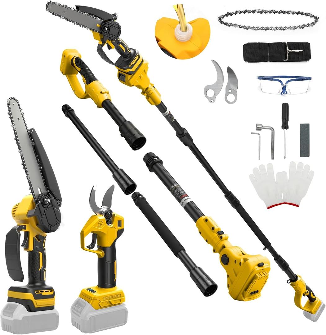 8 Inch Mini Chainsaw with Extension Pole and 30 mm Electric Secateurs Compatible with Dewalt 20V Battery, 4-in-1 Garden Tool Set Maximum Range up to 4.57 m for Tree Trimming Pruning (No Battery)