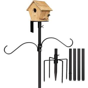 Mosloly Bird House Pole Kit 80inch - Universal Metal Bird Feeders Pole Mount Set with 5-Prongs Base and 2 Hanging Arms, Feeding Station for Watching, Plant Hanger