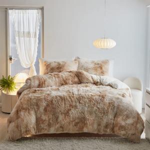 Shaggy Plush Duvet Cover Set Super Soft Fluffy Faux Fur Comforter Cover Set Luxury Fuzzy Bedding Set 3 Piece(1Duvet Cover+2Pillowcases) with Zipper Clusure(Camel White Ombre,Full Size)