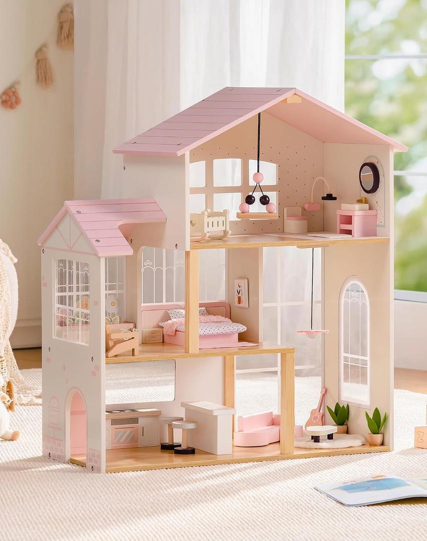 ROBUD Wooden Doll House for Girls，Dollhouse Kit with 6 Rooms & 37 Pcs Dollhouse Furnitrue Accessories, Pink Montessori Doll House for 3+, WDH22