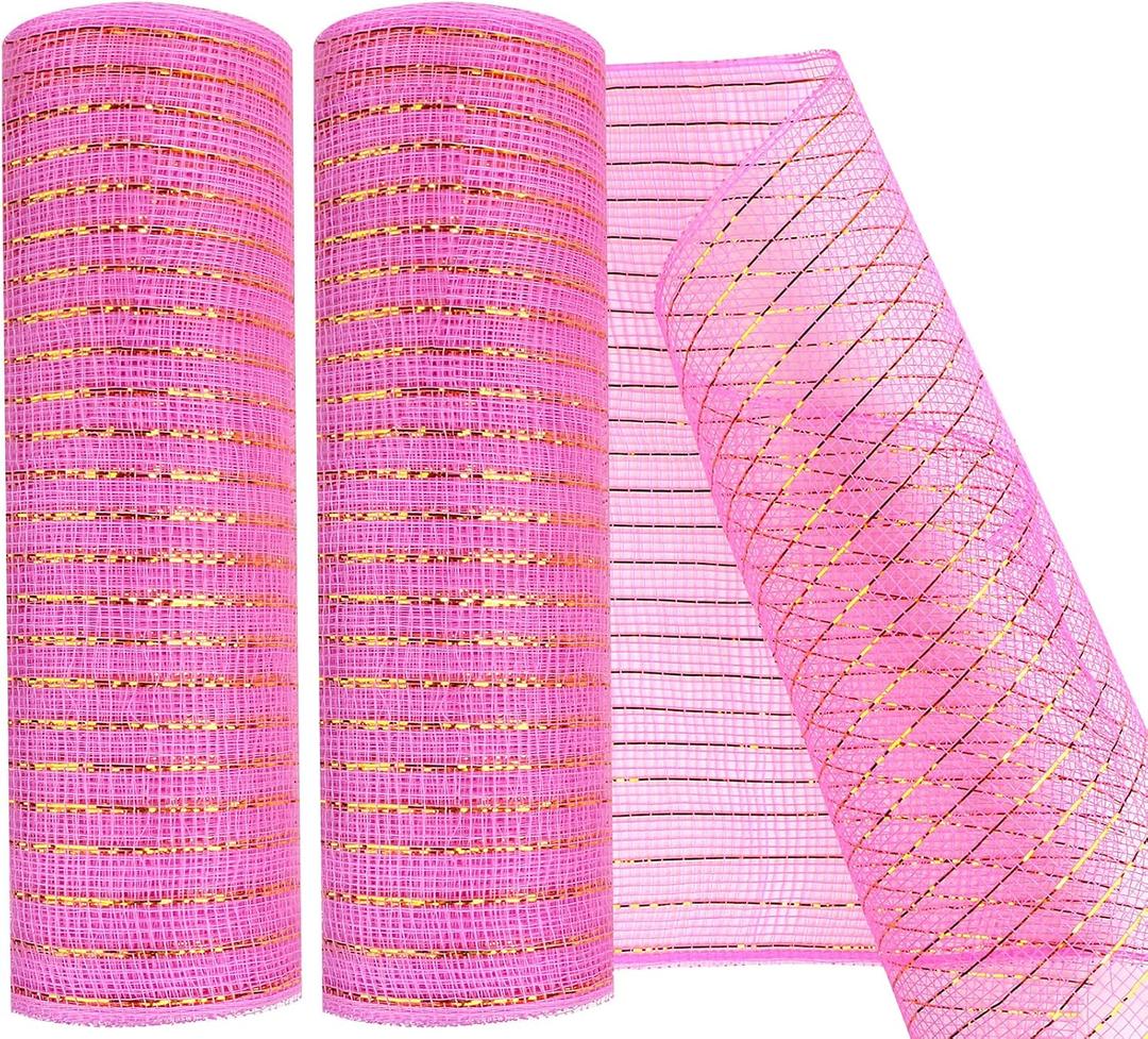 2 Pack Deco Mesh 10 Inch x 30 Feet Decor Mesh Ribbon with Metallic Foil Deco Mesh Wreath Supplies Ribbon Mesh Roll for Spring Wreaths, Craft, Party Decoration (Pink)