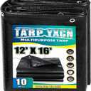 Black Tarp 12x16 Feet, 10 Mil Thick Waterproof Poly Tarps Cover UV Resistant, Rip & Tear Proof with Metal Grommets Every 20 Inches
