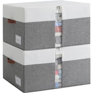 Reinforced LARGE Blanket Storage Baskets with Lids, 2 Packs Stackable Comforter Storage Bag with Clear Window & Handles, Clothes Organizer for Closet,King/Queen Comforters Quilt Duvet