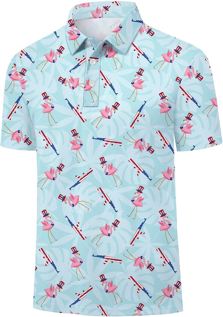 Golf Polo Shirts for Men Funny Men's Polo Shirts Short Sleeve Funny Golf Polos Performance Moisture Wicking Dry Fit (XX-Large, Armed Flamingo)
