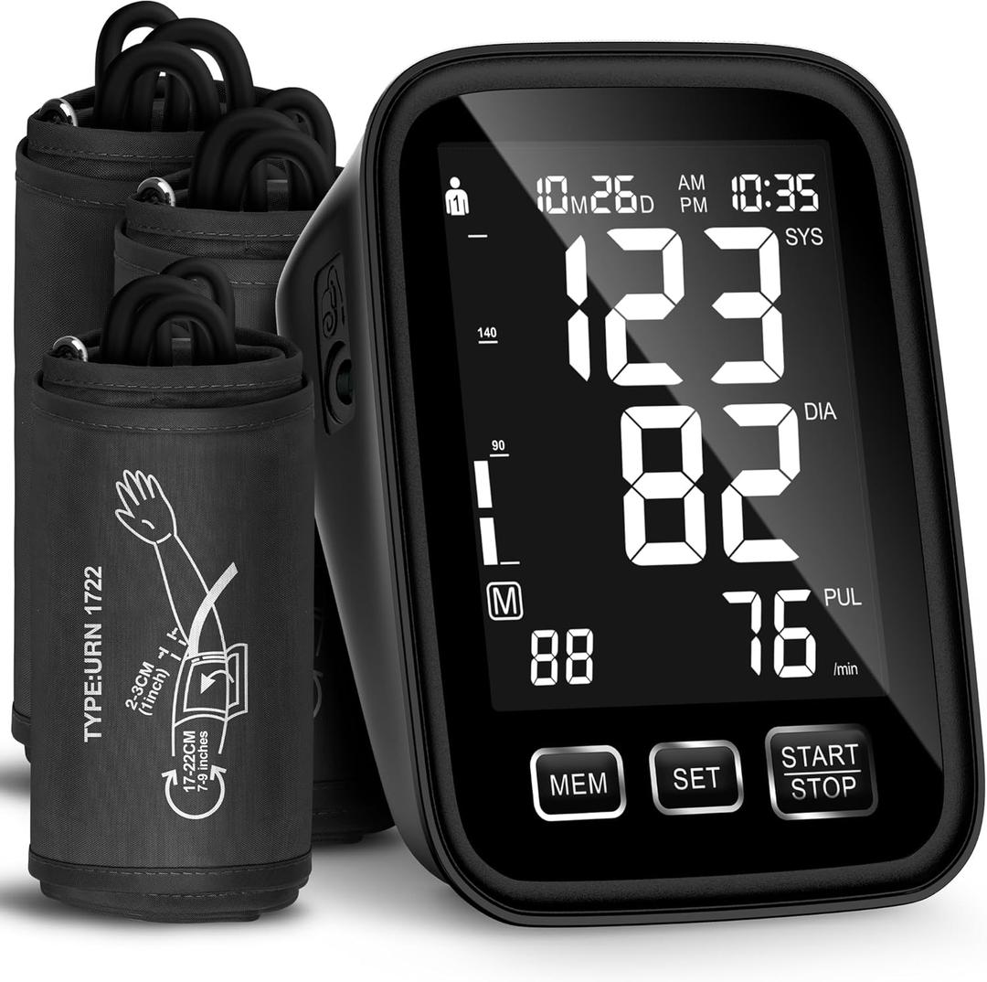 Blood Pressure Machine for Home Use - 3 Size Cuffs, Small 7"-9", Medium/Large 9"-17" and XL Extra Large 13"-21", Accurate Digital Automatic Upper Arm BP Monitor, Large Backlit Display, 3-User Mode
