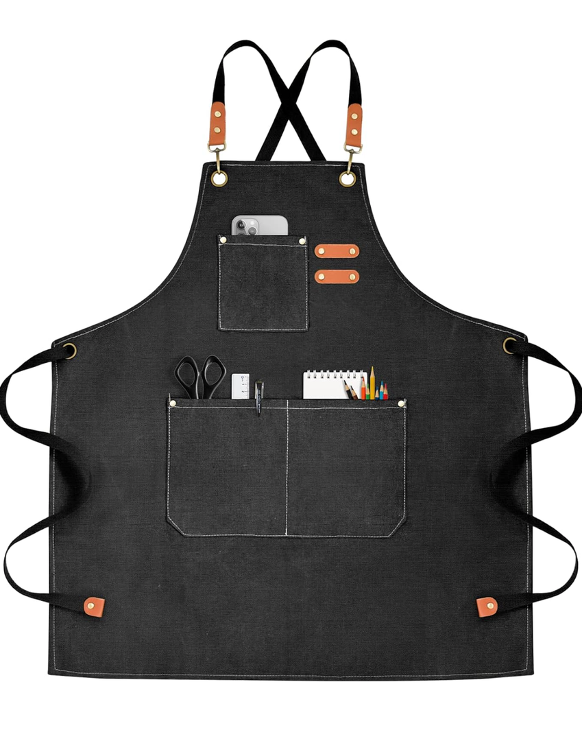 Chef Apron for Men Women Canvas Aprons with 3 Pockets Cross Back Resistant Work Apron for Cooking
