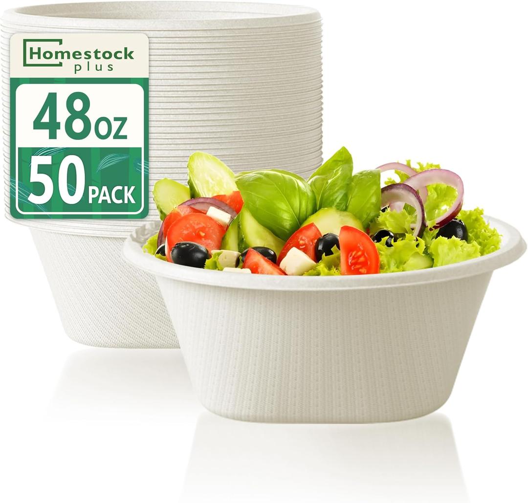 48 Oz Bowls Disposable  Heavy Duty Compostable Paper Bowls, Microwave Safe Large Bowls, Ideal for Restaurant Catering, Salads, Buffets & EcoFriendly Use  50 Pack [White]