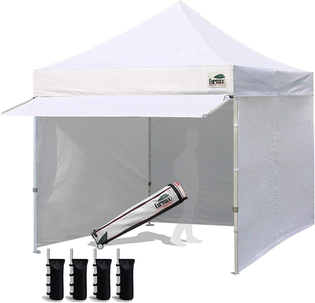 Eurmax USA 10 x 10 Pop up Canopy Commercial Tent Outdoor Party Canopies with 4 Removable Zippered Sidewalls and Roller Bag Bonus 4 Canopy Sand Bags & 24 Squre Ft Extended Awning(White)