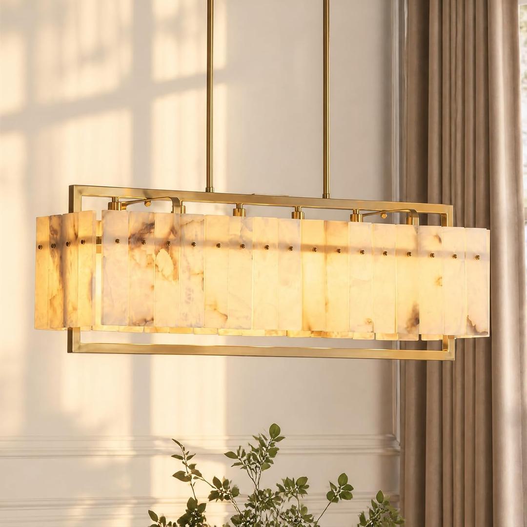 Alabaster Round Chandelier, 20 Inch Natural Spanish Alabaster Stone Texture Luxury Chandelier, 8-Light Modern Luxury Pendant Light Fixture for Dining Room, Living Room, Kitchen Island, Foyer