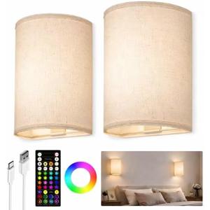 EZVALO Battery Operated Wall Sconce, Rechargeable Wall Sconces Set of Two with Remote, 3 Color & 80 RGB Wireless Wall Lights, Dimmable, Timer, Fabric Linen Shade Wall Decor for Bedroom, Living Room, 2 Pack