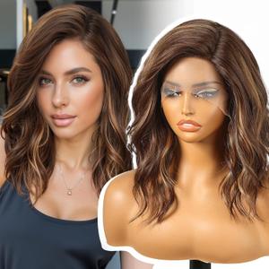 Brown Highlight Synthetic Lace Front Wig,Short Curly Bob Wig,Shoulder Length Wig for Women Daily Use 14IN