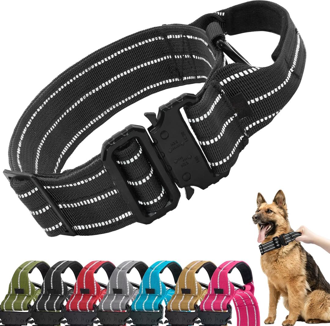 Tactical Dog Collar, Adjustable Military Training Reflective Nylon Dog Collar with Control Handle, Heavy Duty Metal Buckle for Medium and Large Dogs(M, Black)