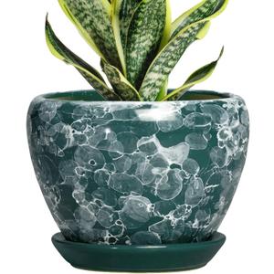 6 Inch Planter - Ceramic Plant Pots Indoor with Drainage Hole and Saucer, Indoor Plant Pots for Flowers Plants, Round Modern Small Planter, Bedroom Decor, Plants Lover Gift, Bubble Green