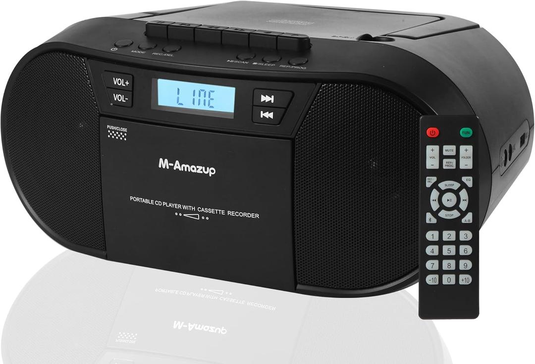 M-Amazup Boombox CD Player Portable, Cassette Player Combo with CD MP3 Bluetooth AUX TF USB FM Radio AC/ DC Powered, Boom Box with Remote Control, Headphone Jack, Stereo Sound for Home, Kids, Gift
