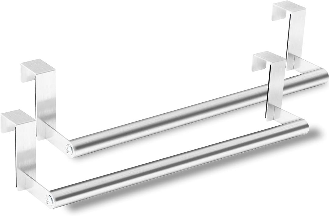 Over Cabinet Towel Bar, Stainless Steel Over Door Towel Rack Bar Holders Universal Fit on Over Cabinet Cupboard Doors, Kitchen, 2 Pack (Silver) (18mm)
